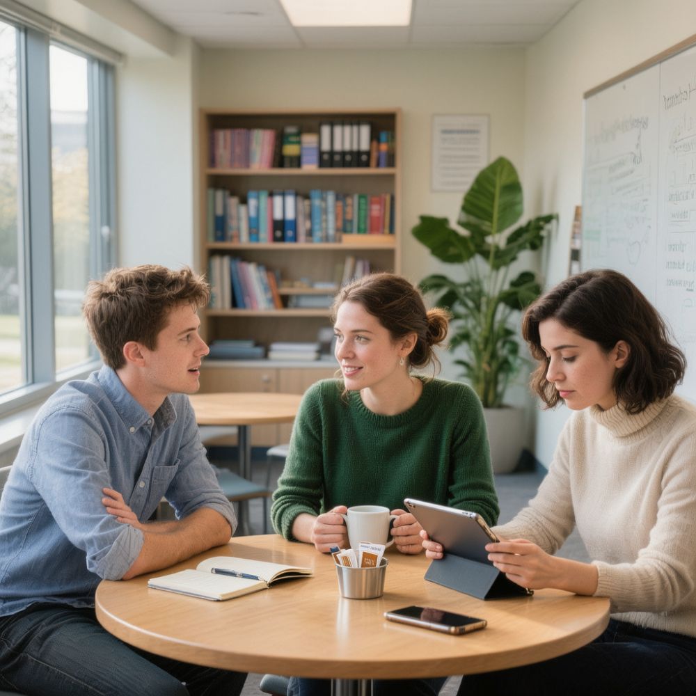 Troje młodych ludzi przy stoliku z notatnikiem, tabletem, kawą. W tle regał z segregatorami.