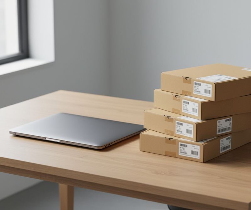 Laptop na stoliku i cztery opakowania z nierozpakowanym komputerowym sprzętem przenośnym.