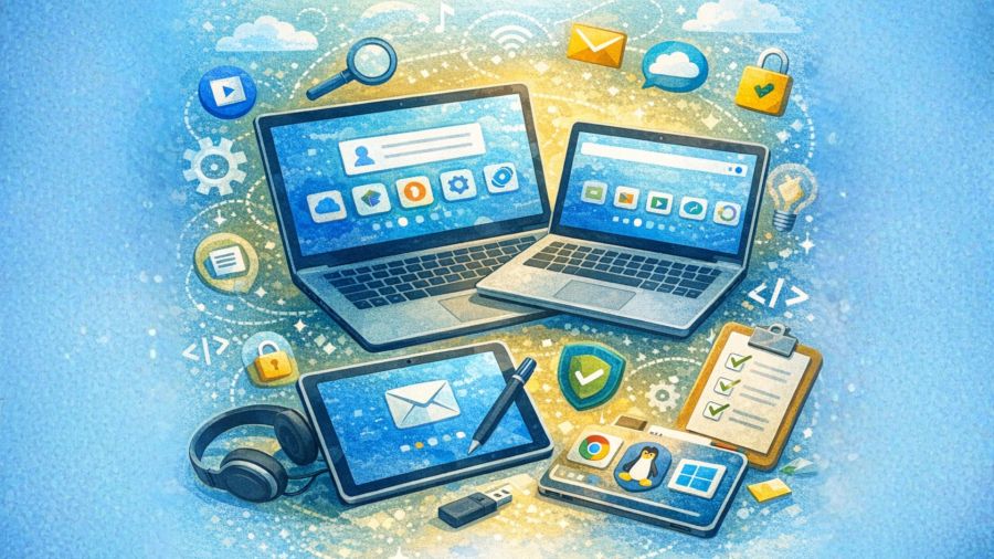 Laptopy, tablety, smartfony i ikonki związane z używaniem komputerów i komunikacją elektroniczną.