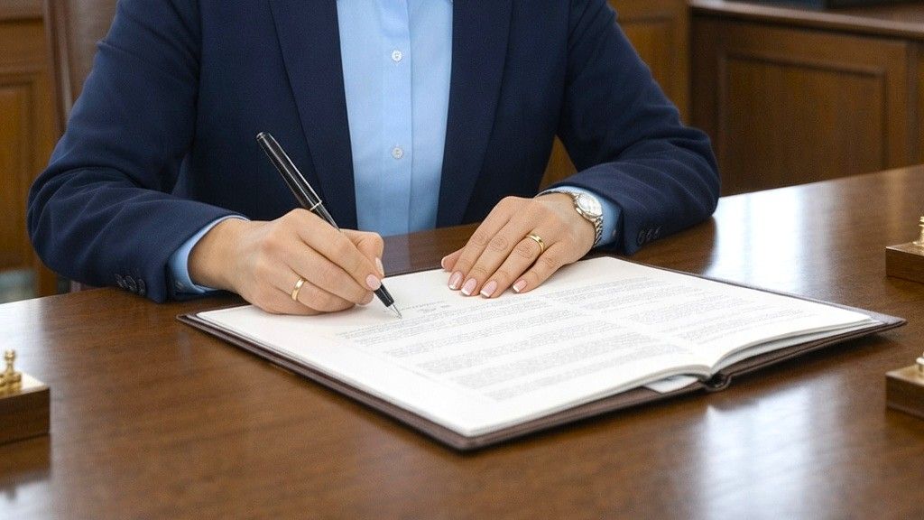 Zbliżenie na dłoń kobiety podpisującej dokument.