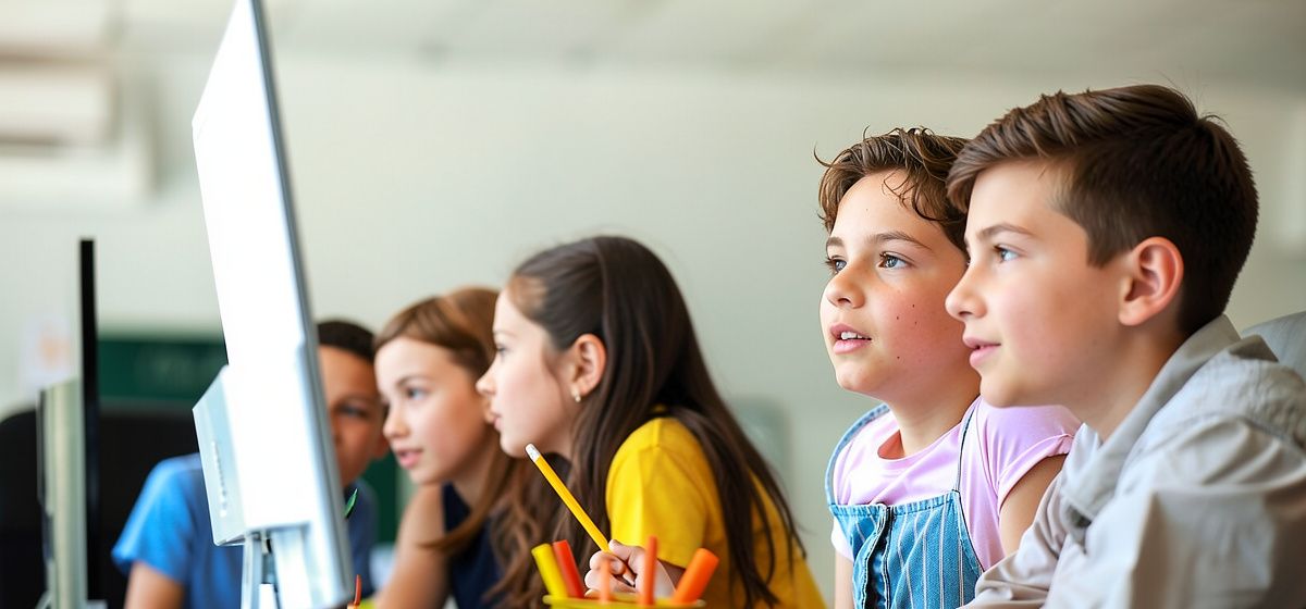 Uczniowie przed komputerami w klasie.