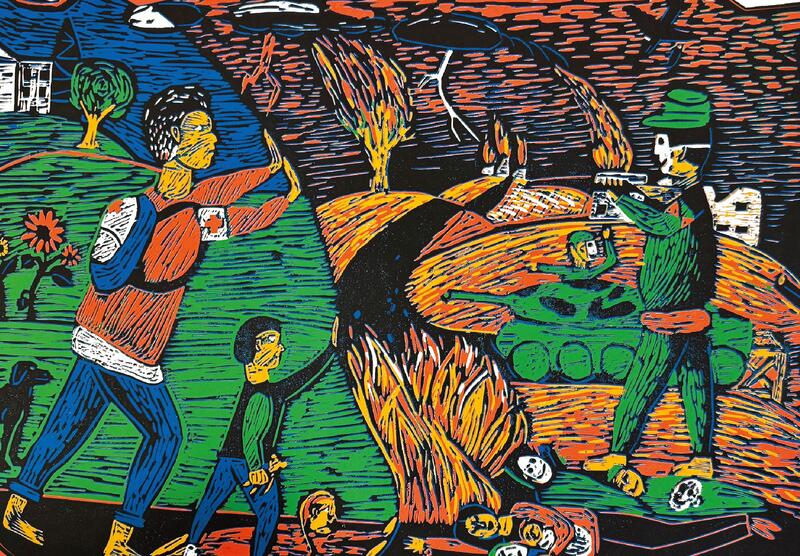 Scena bitwy: czołg, żołnierze, ciała zabitych i osoby niosące pomoc medyczną.