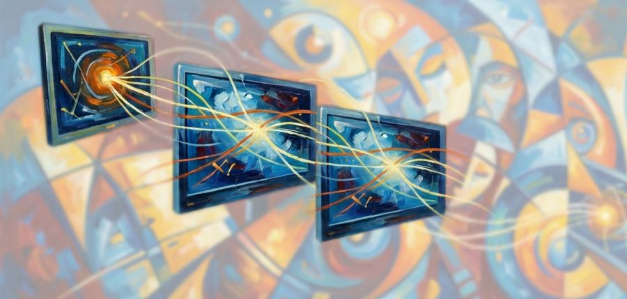 Grafika artystyczna z motywem monitorów i twarzami ludzi, symbolizująca komunikację online.