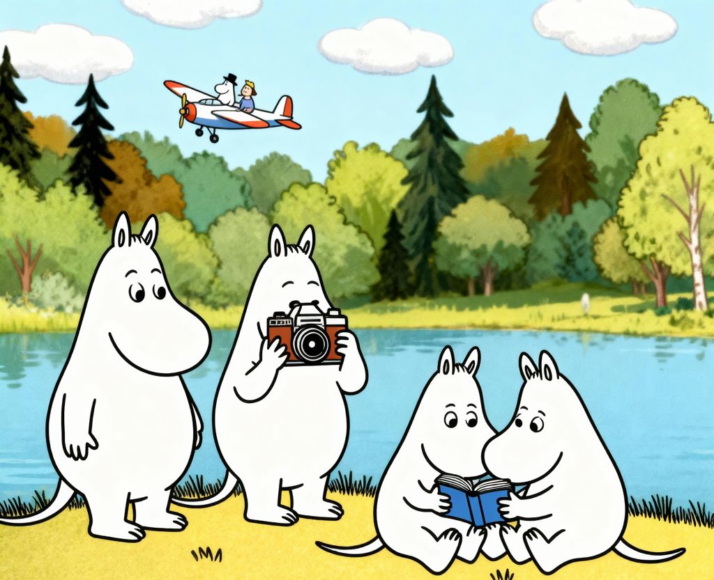 Postaci z książek o Muminkach. Młode czytają książkę, dorosły robi im zdjęcie. Nad nimi samolot.