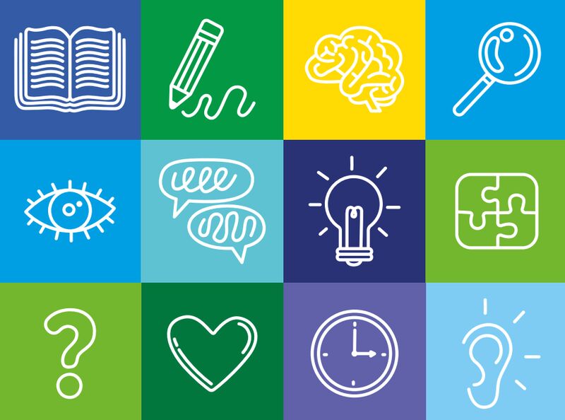 Piktogramy symbolizujące uczenie się i wiedzę, np.: książka, lupa, ołówek, mózg, żarówka, oko.