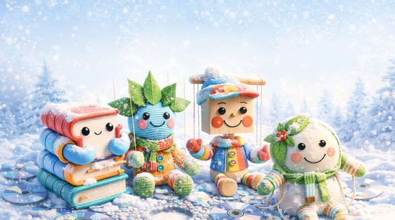 Uśmiechnięte maskotki w zimowej scenerii.