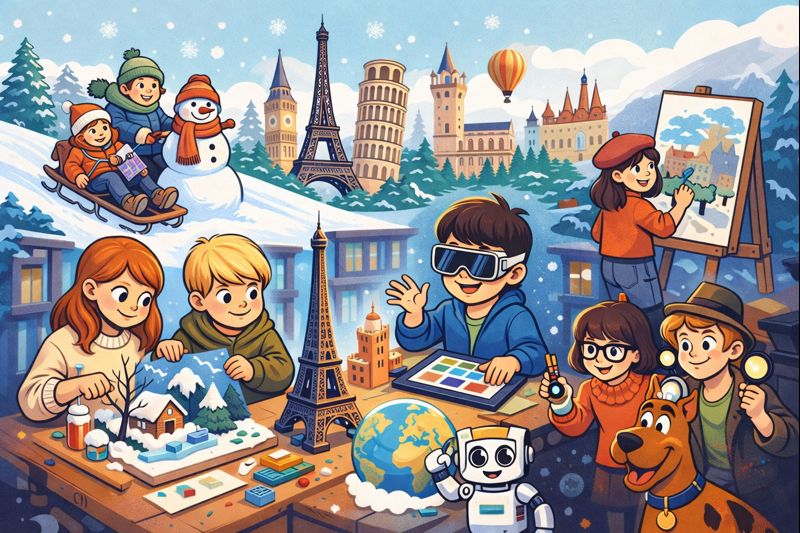 Kolorowa grafika z dziećmi spędzającymi artystycznie i aktywnie czas, w tle budowle z różnych stron świata.