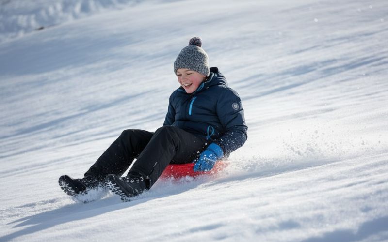 Chłopiec zjeżdża na sankach z górki.