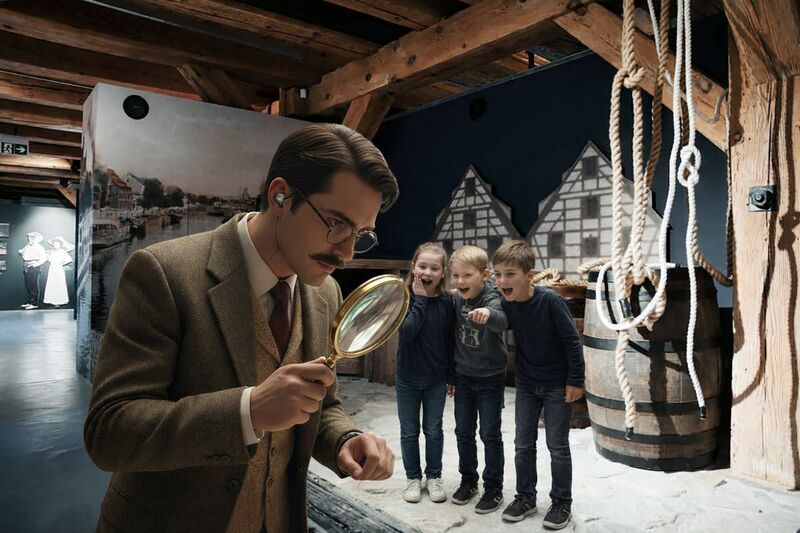Mężczyzna z duża lupą na wystawie i troje uśmiechniętych dzieci, które mu się przypatrują.