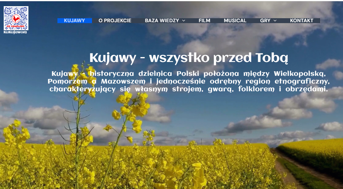 Zrzut ekranu strony kukujawom.com z polem rzepaku jako motywem przewodnim strony głównej.