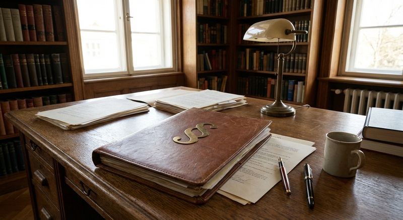 W gabinecie z książkami stoi biurko, a na nim leżą dokumenty i  teczka ze znakiem paragrafu na okładce.