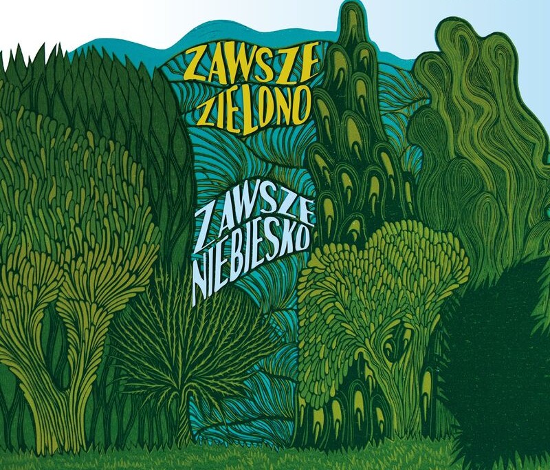 Plakat promujący konkurs - grafika z gęstym lasem, a w nim zielone i niebieskie drzewa.