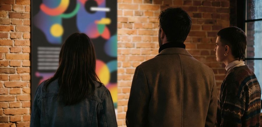 Trzy osoby przyglądają się plakatowi wiszącemu na ścianie z cegły wewnątrz budynku.