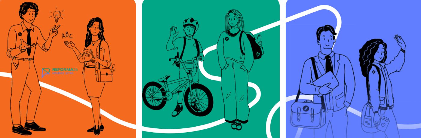 Logo Reforma 26 Kompas Jutra i postaci nauczycieli i uczniów.