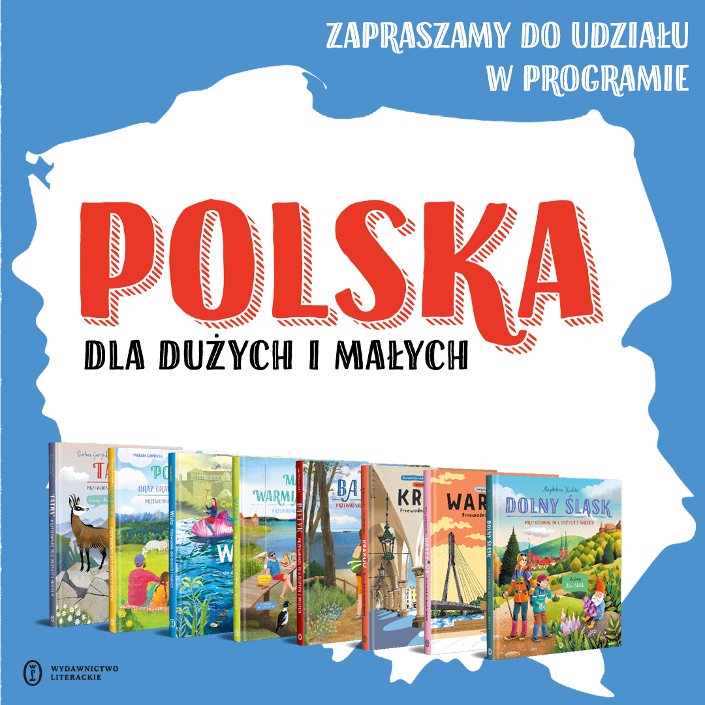 Grafika promująca projekt, na tle konturu Polski książki Wydawnictwa Literackiego.
