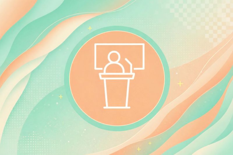 Piktogram przedstawiający postać prelegenta przy mównicy.