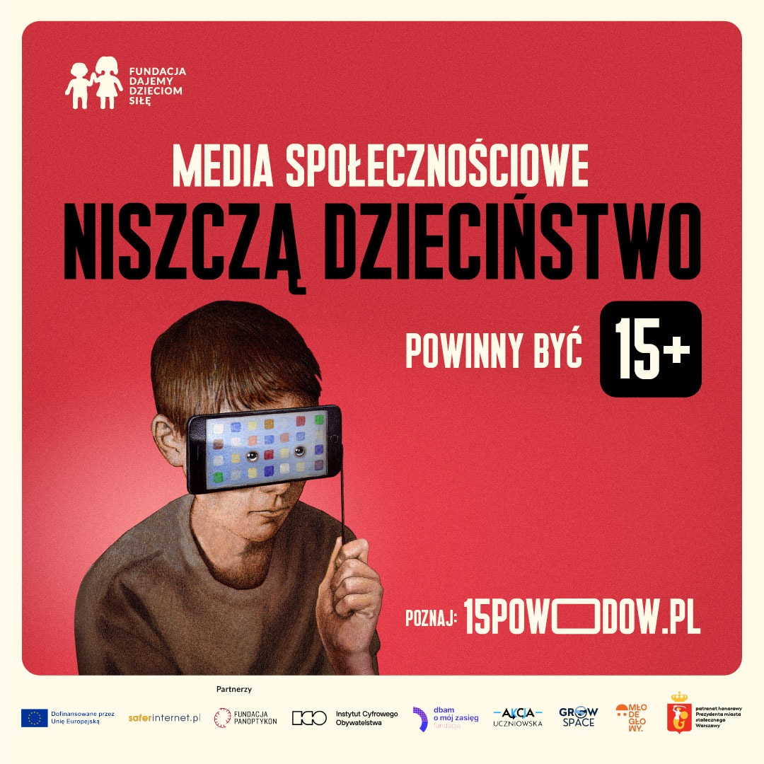 Chłopiec z zakrytymi oczami przez smartfon i napis: Media społecznościowe niszczą dzieciństwo.