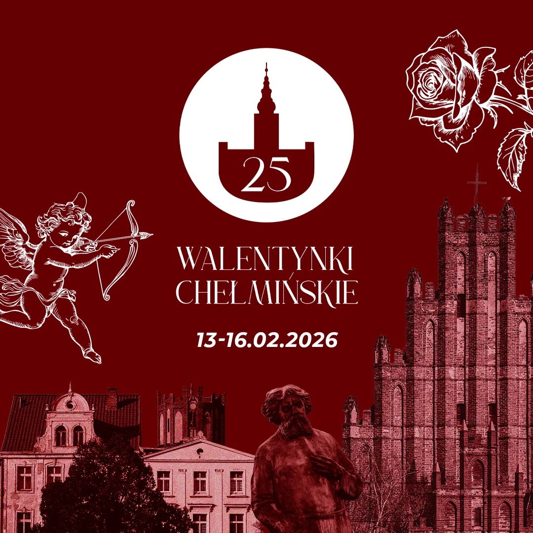 Pomnik Walentego, charakterystyczne budowle miasta, róża, amor ze strzałą oraz napis: walentynki chełmińskie.