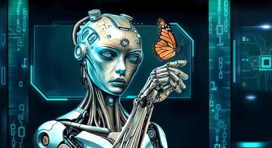 Android z motylem na mechanicznej dłoni.