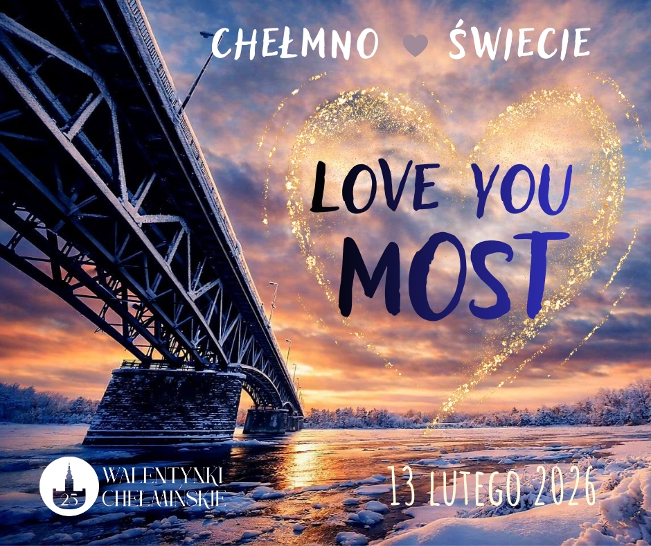 Pejzaż zimowy, most o zachodzie słońca i informacje o wydarzeniu.