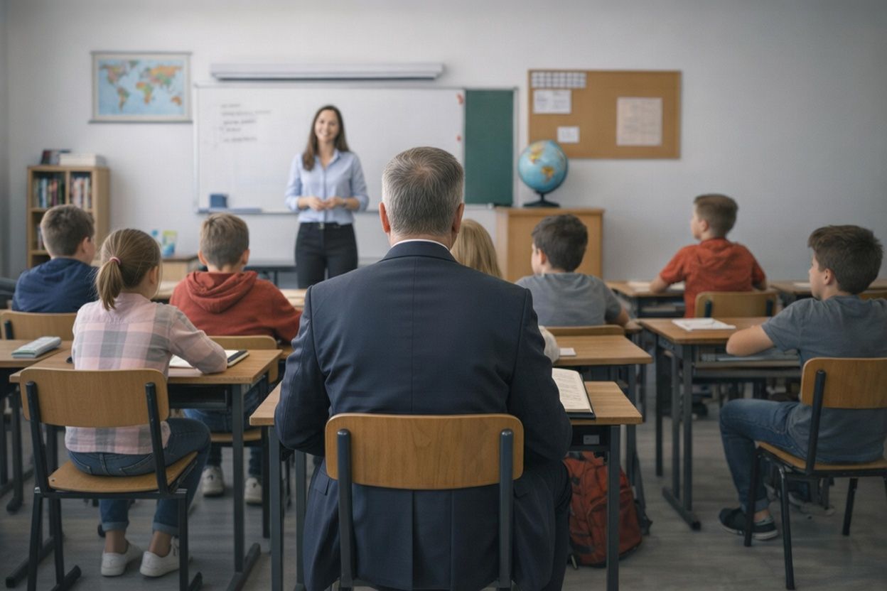Dyrektor z ostatniej ławki w klasie obserwuje lekcję prowadzoną przez młodą nauczycielkę.