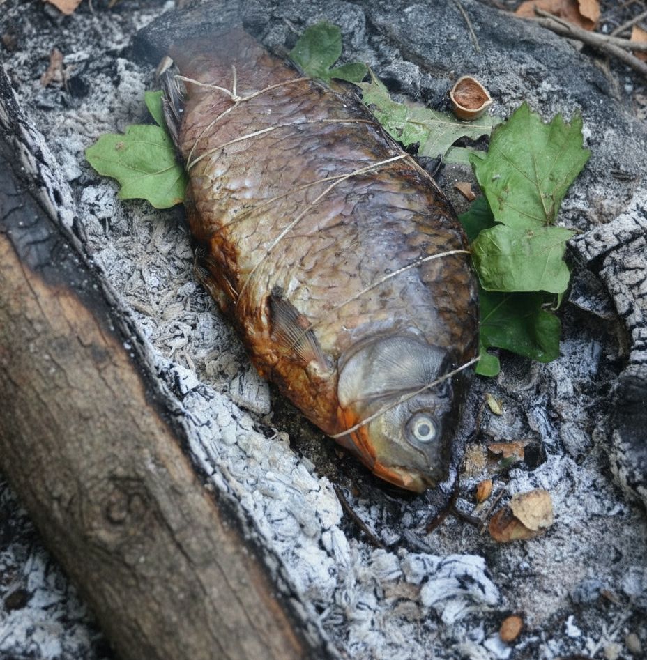 Ryba pieczona na palenisku.