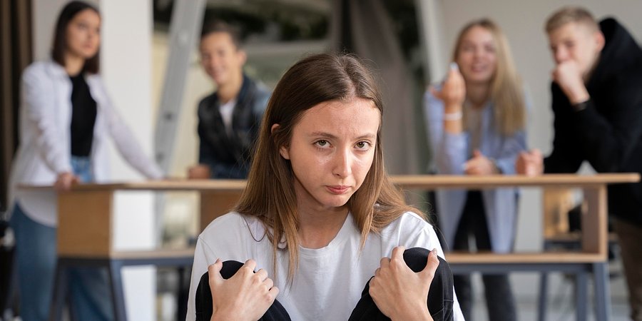 Smutna nastolatka siedzi odosobniona, w tle rówieśnicy się śmieją.