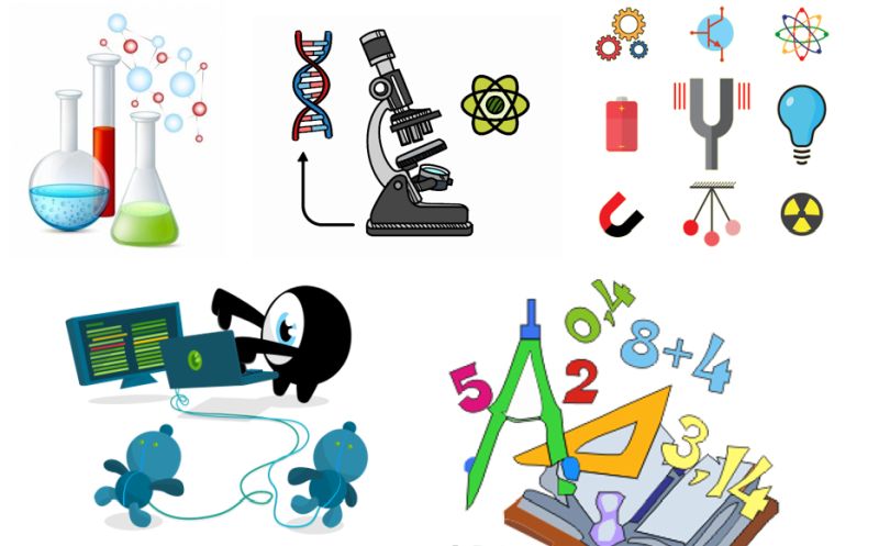 Atrybuty dyscyplin naukowych: mikroskop, probówki, magnes, cyrkiel itp.