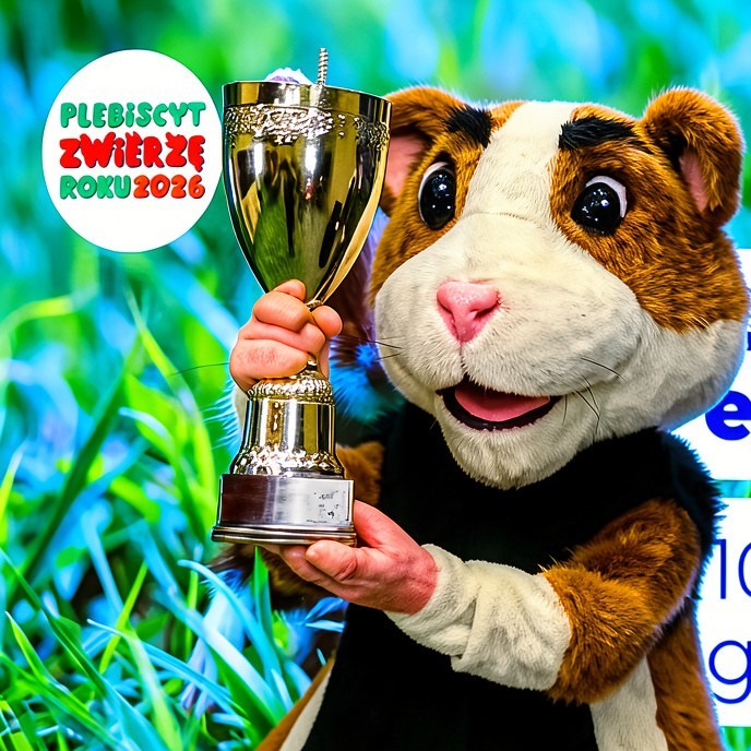 Duża maskotka chomika unosząca złoty puchar. Obok logo plebiscytu 