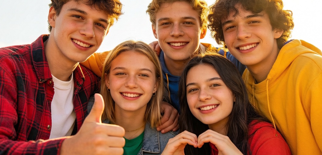 Radosna młodzież pozuje do zdjęcia. Chłopak unosi kciuk, dziewczyna układa dłonie w kształt serca.