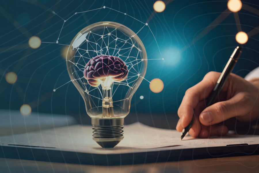 Zbliżenie na dłoń z długopisem i żarówę z mózgiem w środku, symbolizującą myślenie, pomysł.