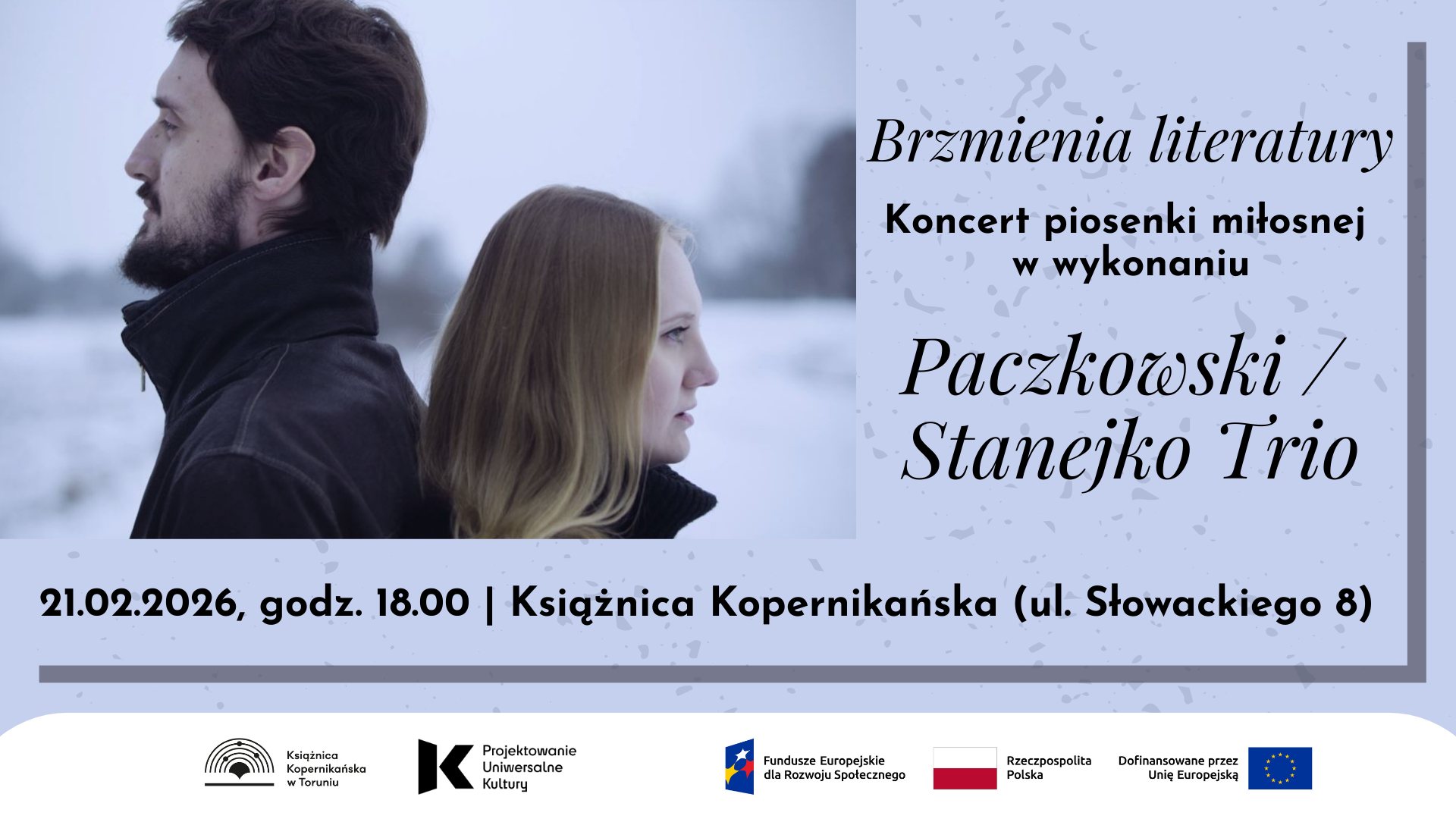 Kobieta i mężczyzna stojący tyłem do siebie, informacje o wydarzeniu.