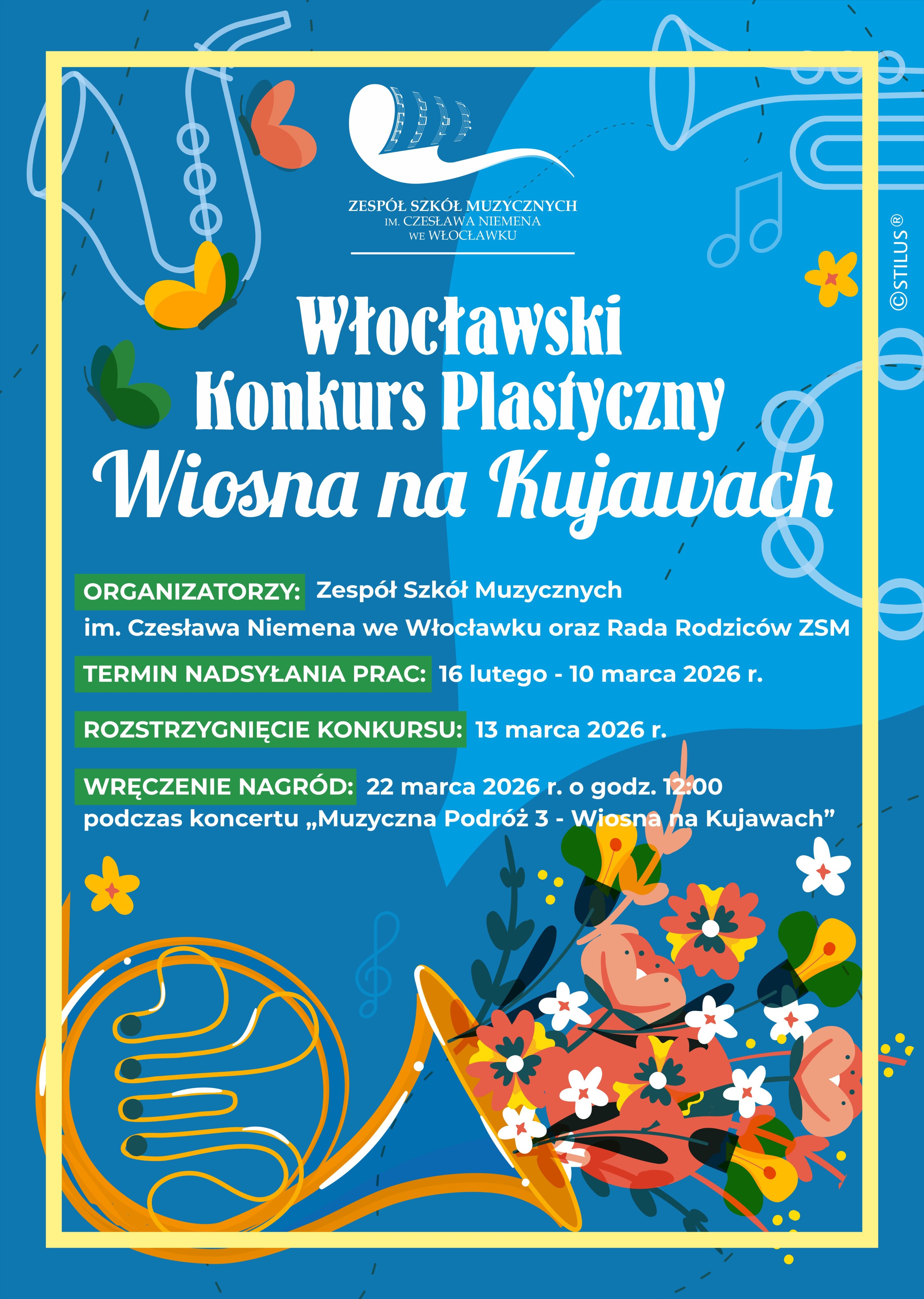 Kolorowy plakat, na którym są trąbki, saksofony, kwiaty oraz informacje o konkursie.