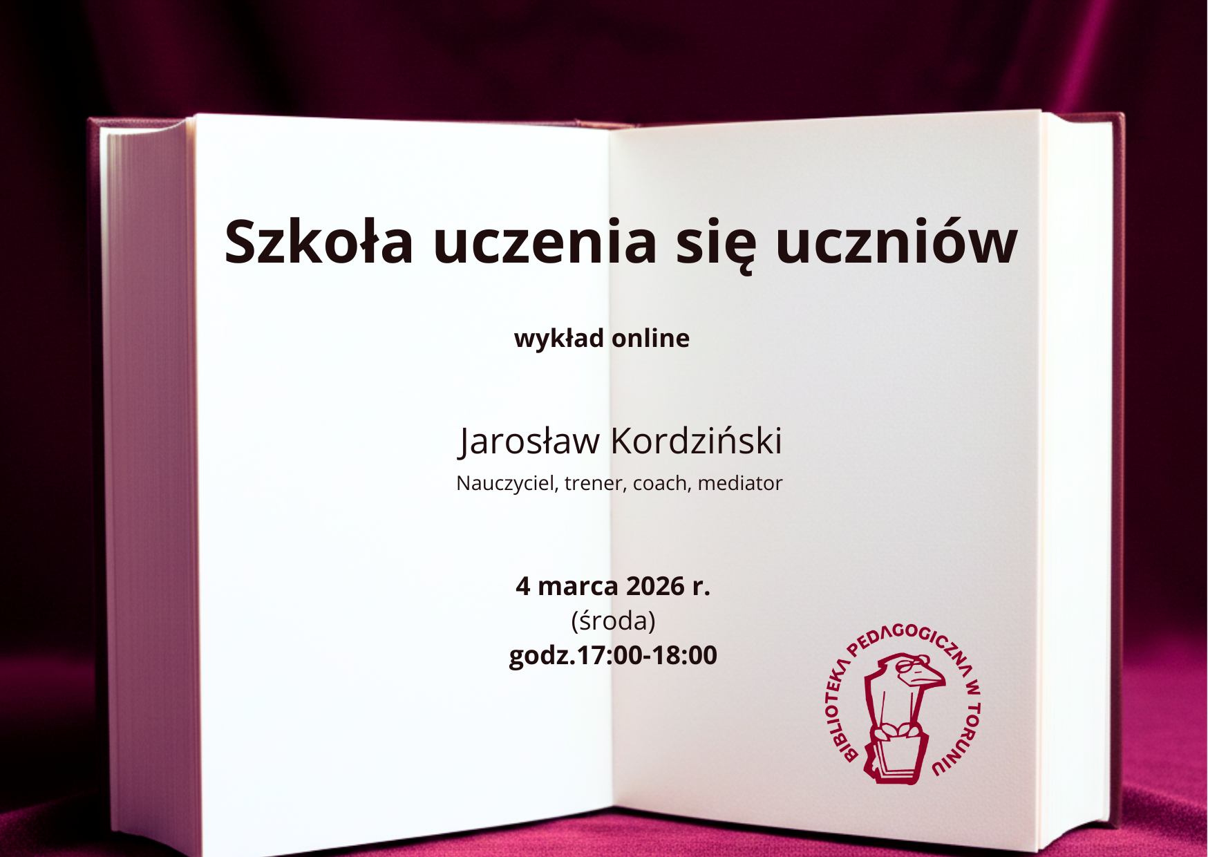 Grafika z otwartą książką podstawowymi informacjami o wykładzie, logo BP.