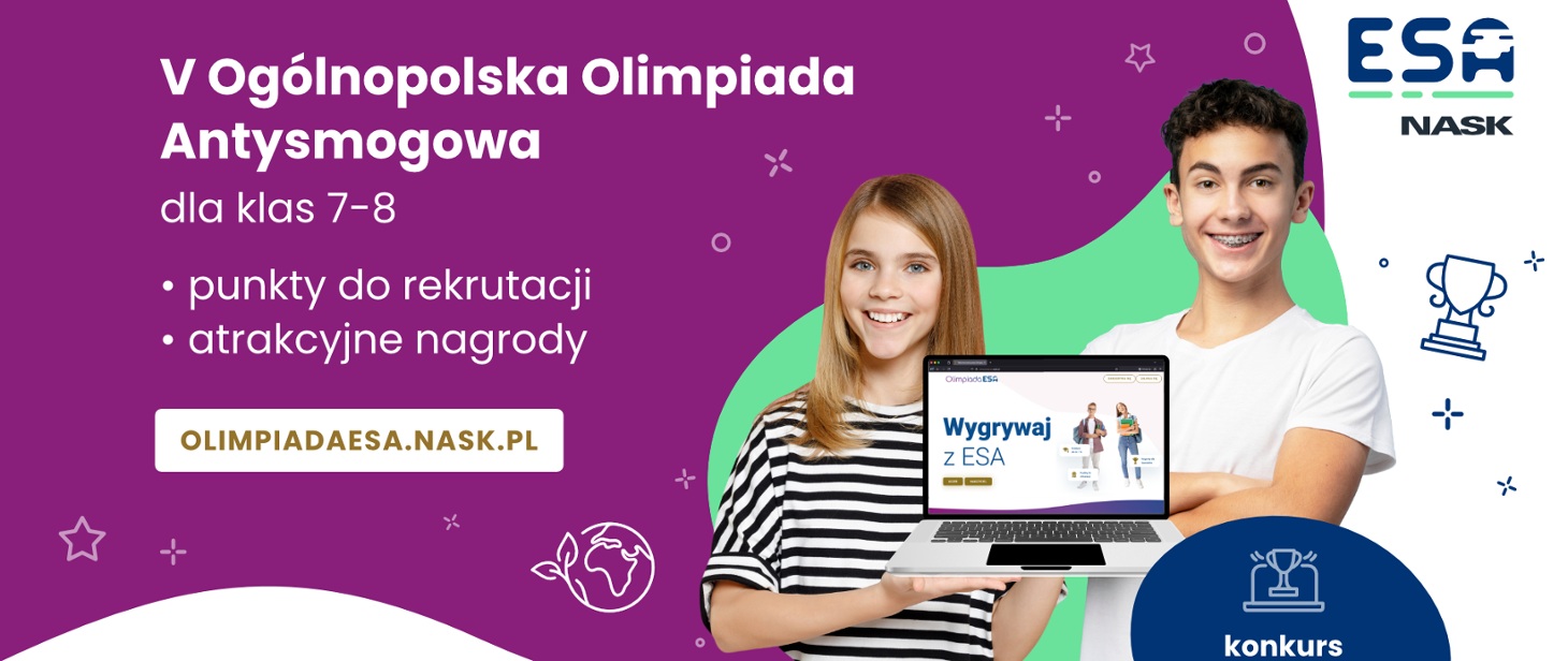 Grafika promująca konkurs, uśmiechnięci dziewczyna i chłopak pokazują ekran laptopa: Wygrywaj z ESA.