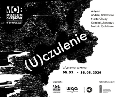 Czarno-biała grafika z informacjami o wystawie.