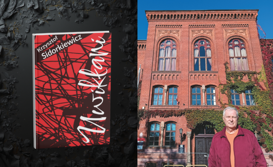 Z jednej strony okładka książki autora, z drugiej - autor na tle budynku.