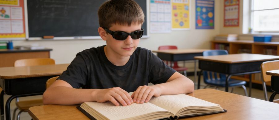 Nastolatek w czarnych okularach czyta książkę z pismem brajla.