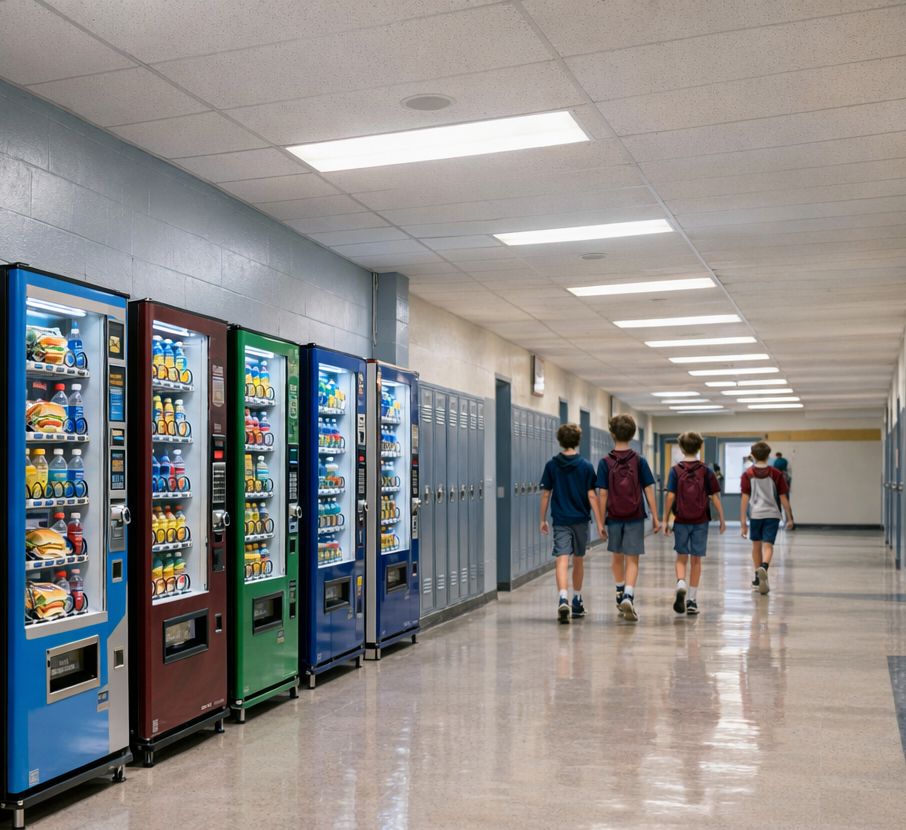Korytarz szkolny z dystrybutorami żywności i napojów.