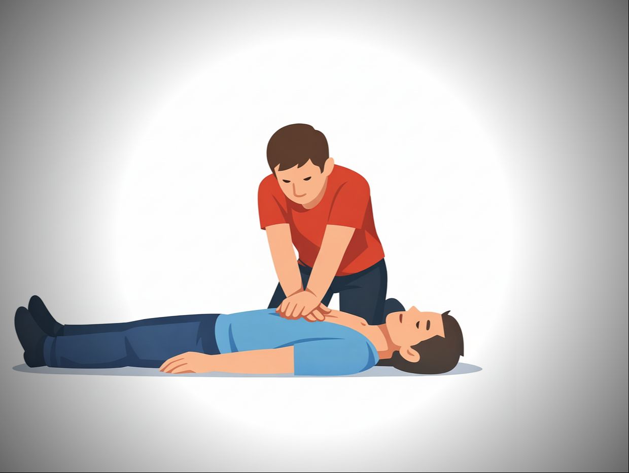Mężczyzna pochyla się nad nieprzytomnym człowiekiem i uciska jego klatkę piersiową.