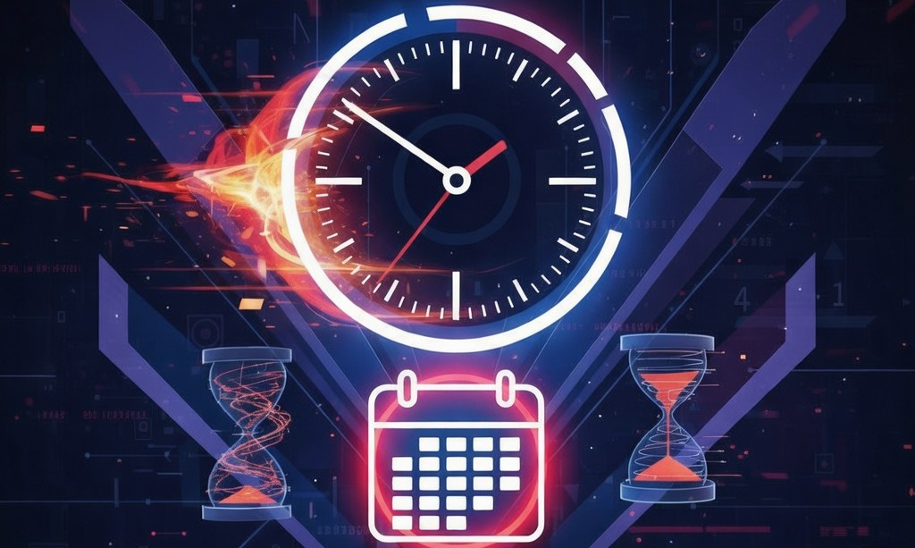 Zegar, kalendarz i klepsydry symbolizujące upływ czasu, terminów.