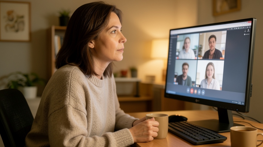 Kobieta przed monitorem komputera.