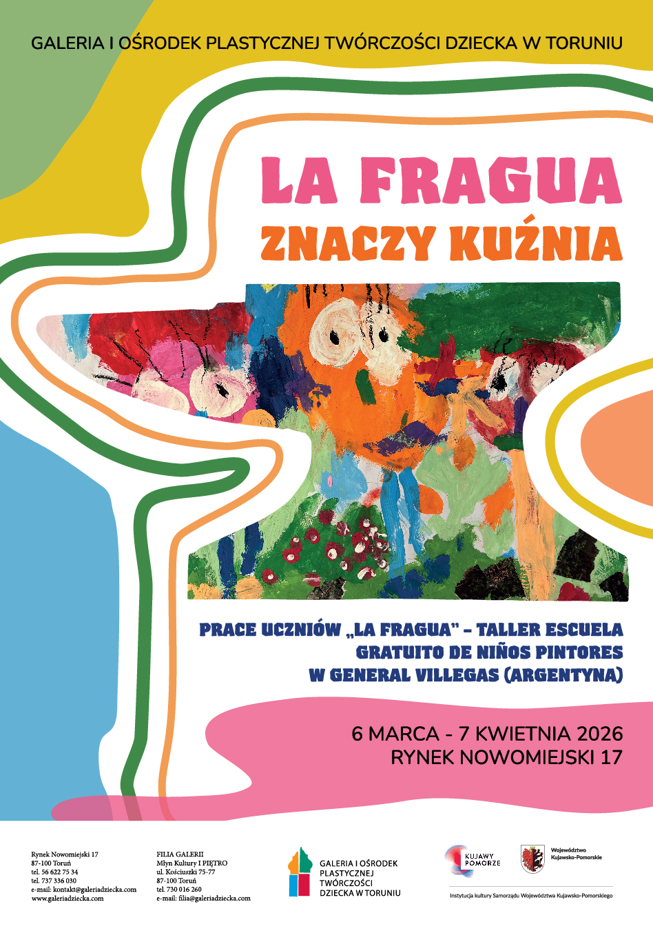 Kolorowy plakat promujący wystawę Czasem słońce, czasem deszcz.