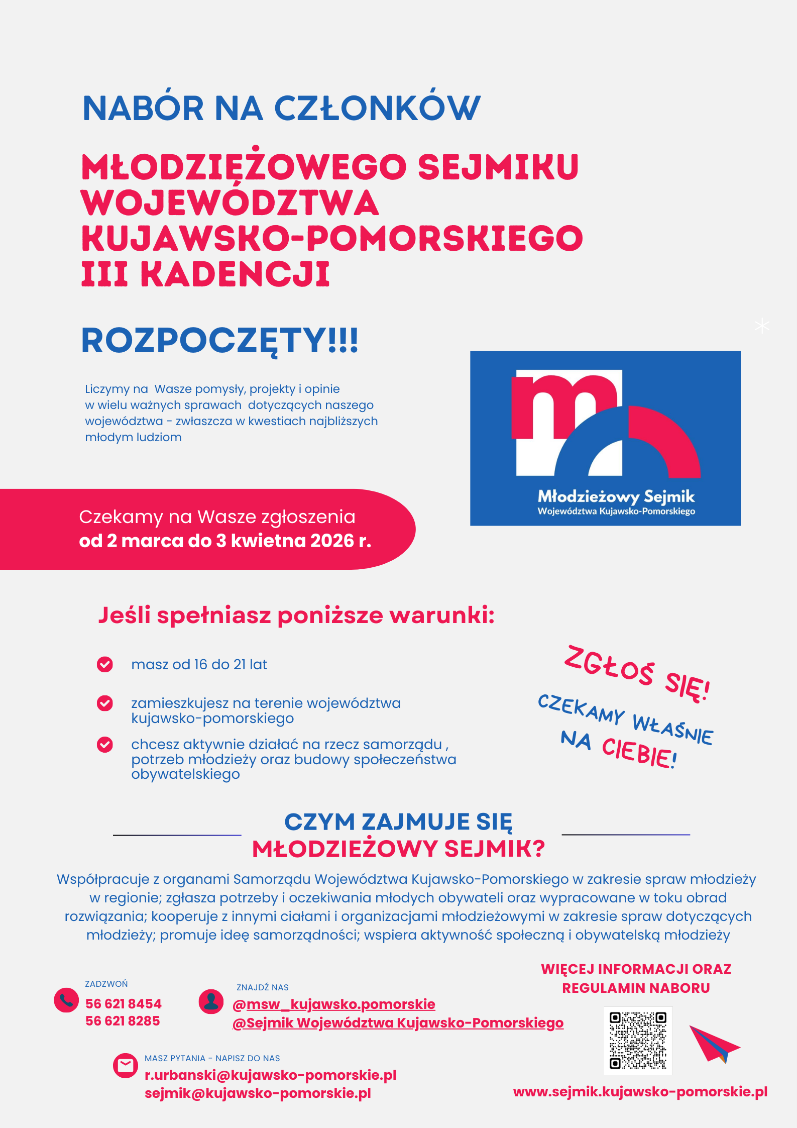 Plakat z informacjami o naborze do Młodzieżowego Sejmiku z podstawowymi informacjami.