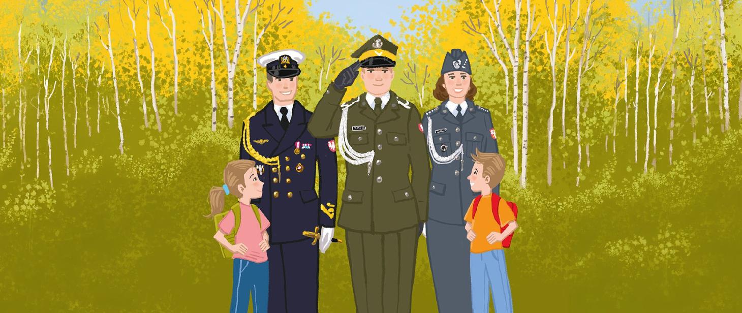 Troje żołnierzy w mundurach galowych różnych rodzajów wojsk i dwoje dzieci z tornistrami.