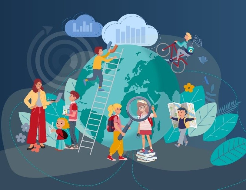 Postaci rysunkowe dzieci i nauczycielki.