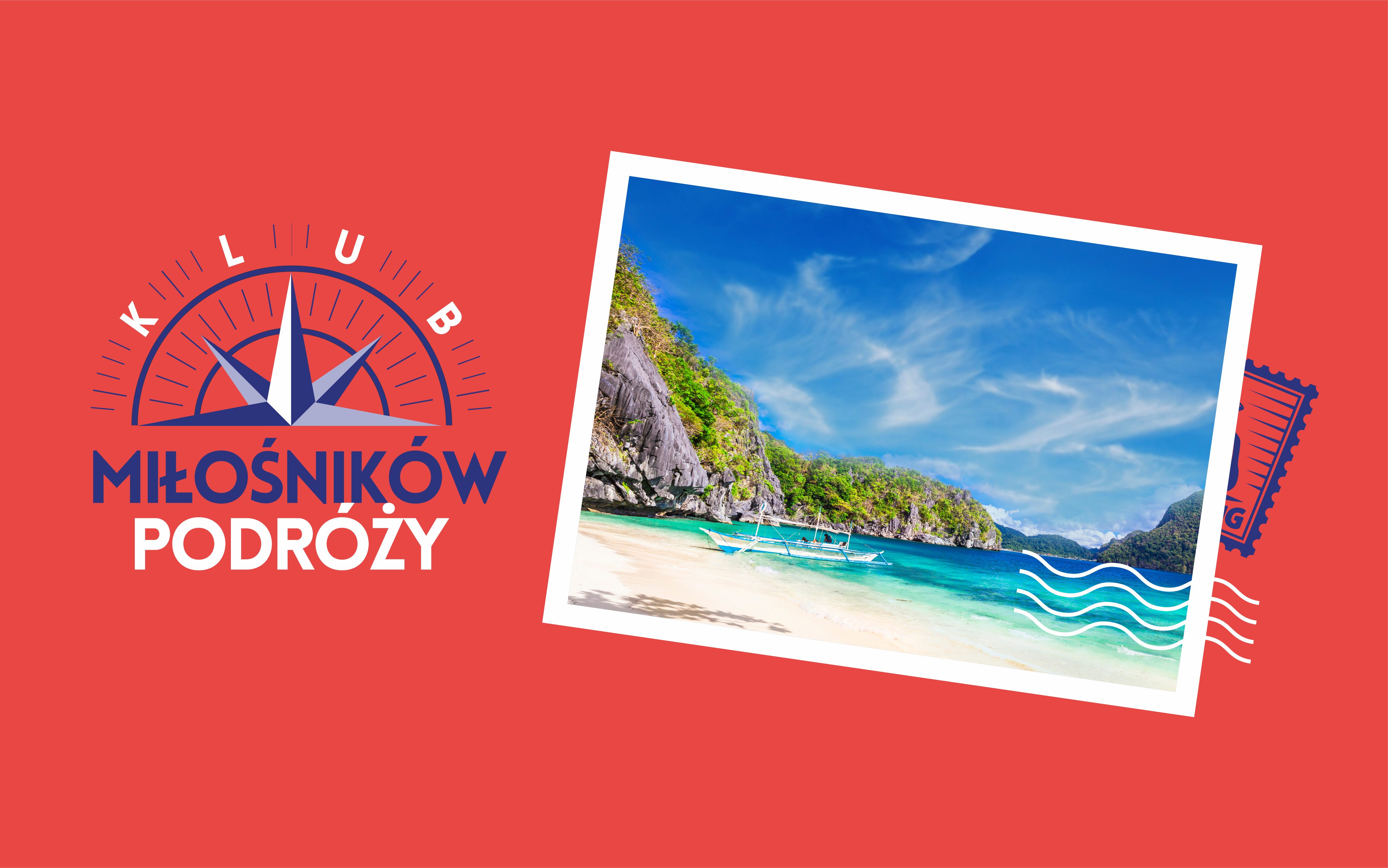 Na czerwonym tle pocztówka z widokiem wybrzeża i napisem: Klub Miłośników Podróży.