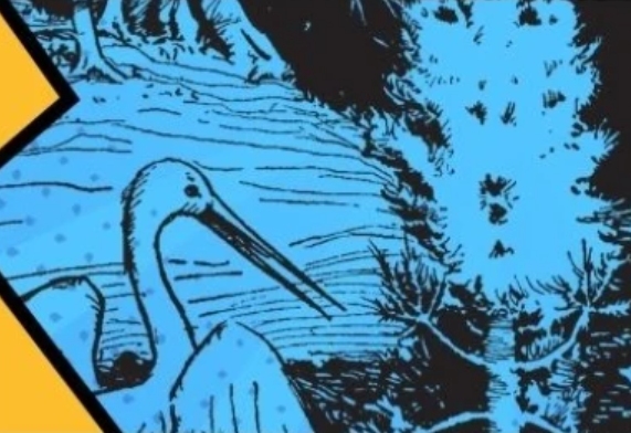 Fragment grafiki przedstawiającej bociana.