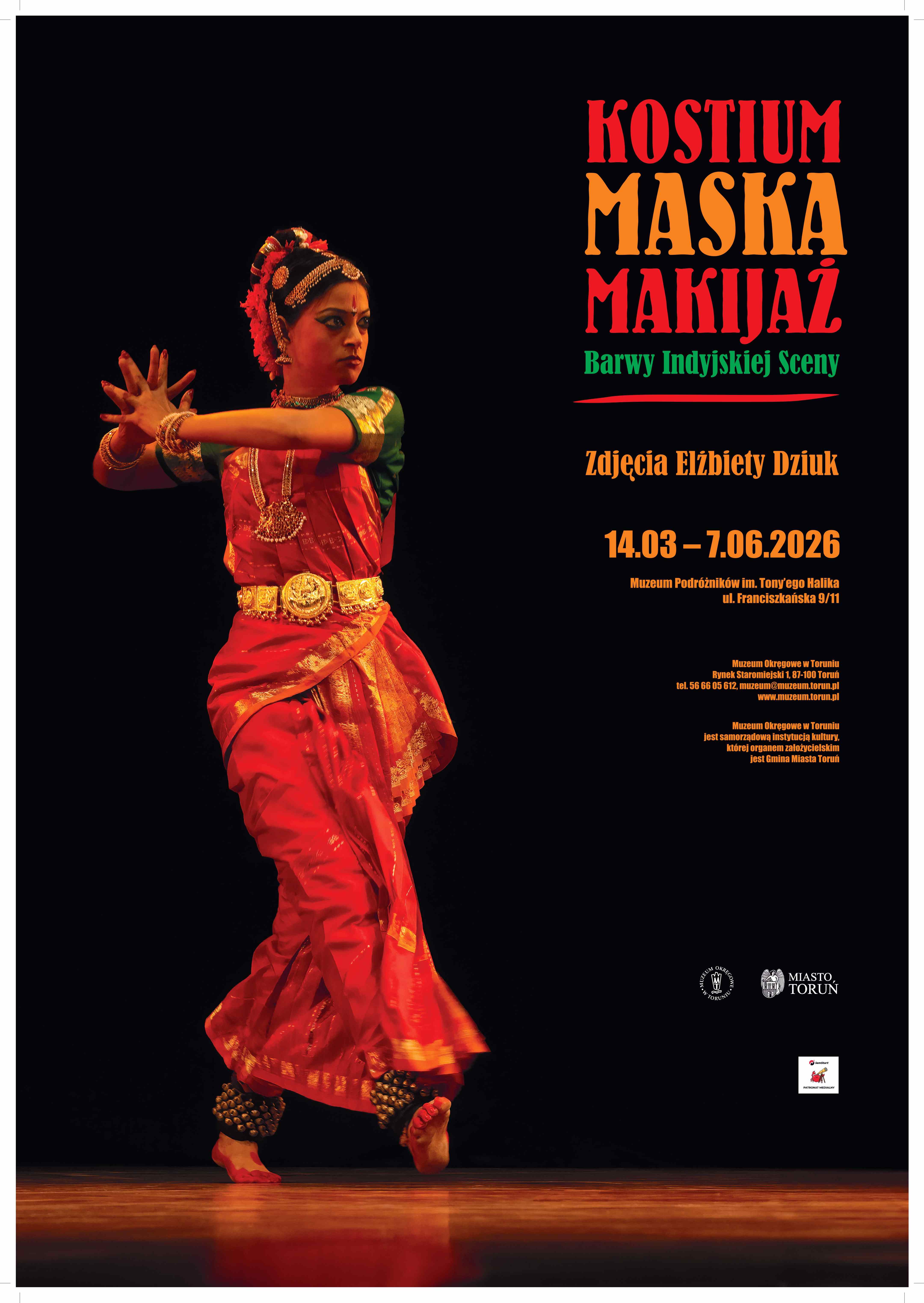 Plakat wydarzenia, na którym jest tańcząca kobieta w barwnym stroju i makijażu.