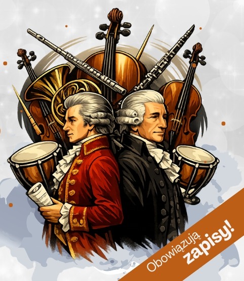 Grafika, na której jest dwóch muzyków, za nimi instrumenty muzyczne.